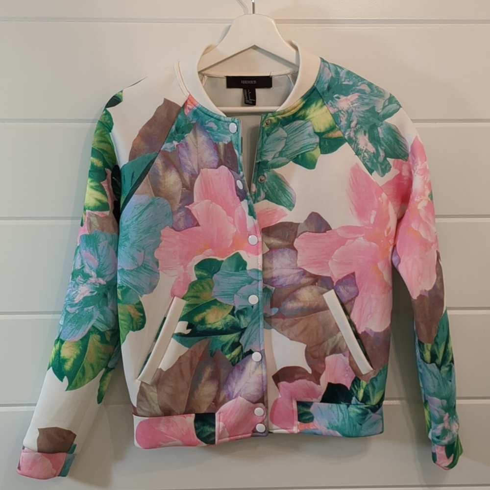Forever 21 Floral Bomber Jacket in Pink, Green, Teal